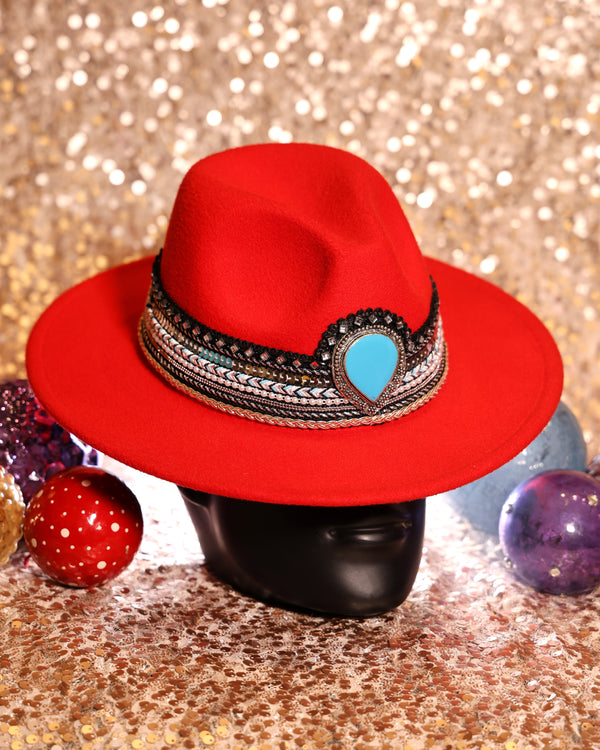 Red Wool Hat with Turquoise Stone