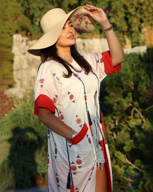 White Red Geometric Abaya