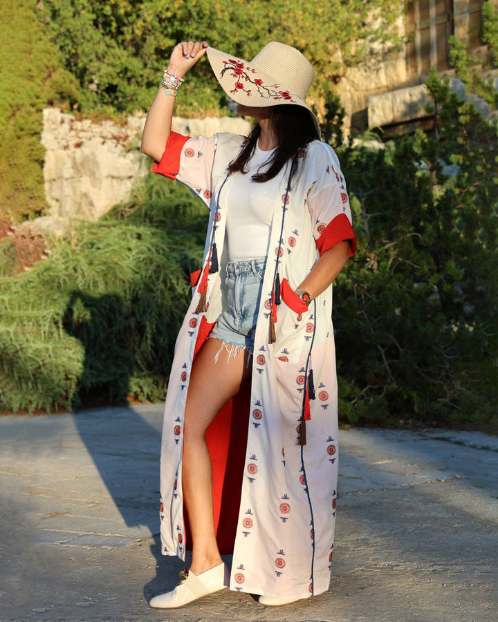 White Red Geometric Abaya - Bara